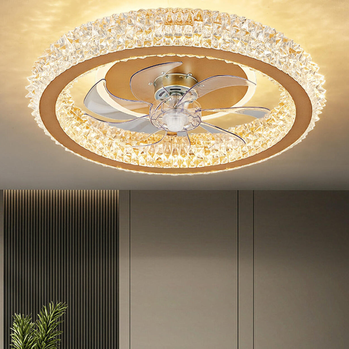 Luxury Gold Circular Crystal Flush Ceiling Fan Light Image - 4