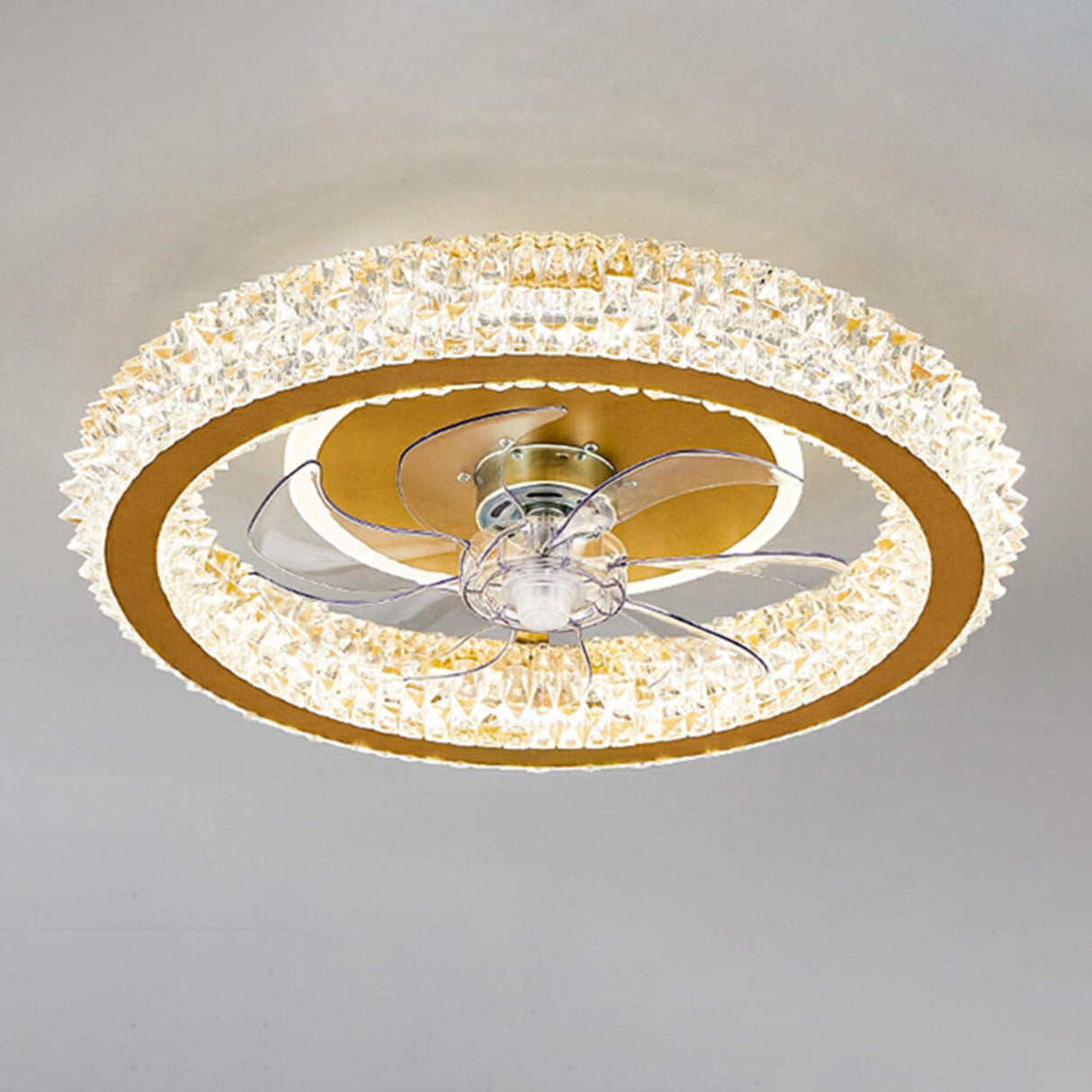 Luxury Gold Circular Crystal Flush Ceiling Fan Light Image - 7