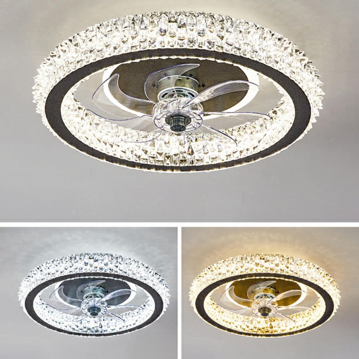 Luxury Gold Circular Crystal Flush Ceiling Fan Light Image - 8