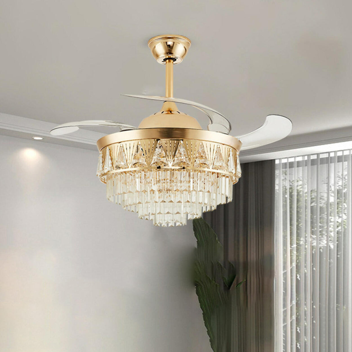 Luxury Gold Conical Crystal Chandelier Fan with Light Image - 4