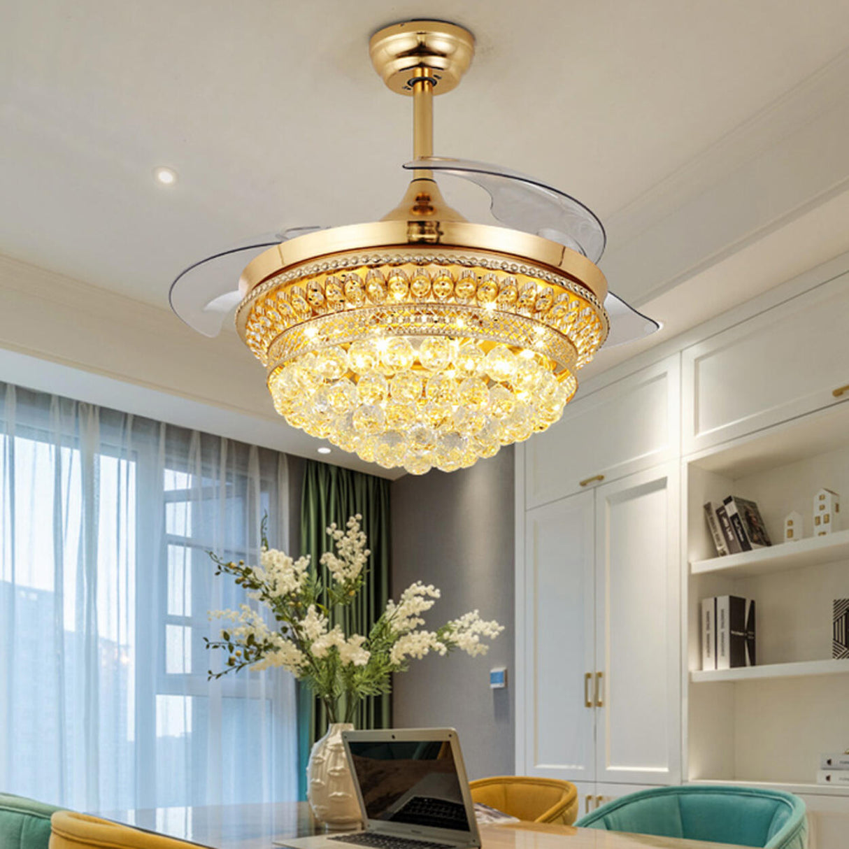 Luxury Gold Crystal Bowl Ceiling Fan with LED Light Image - 4