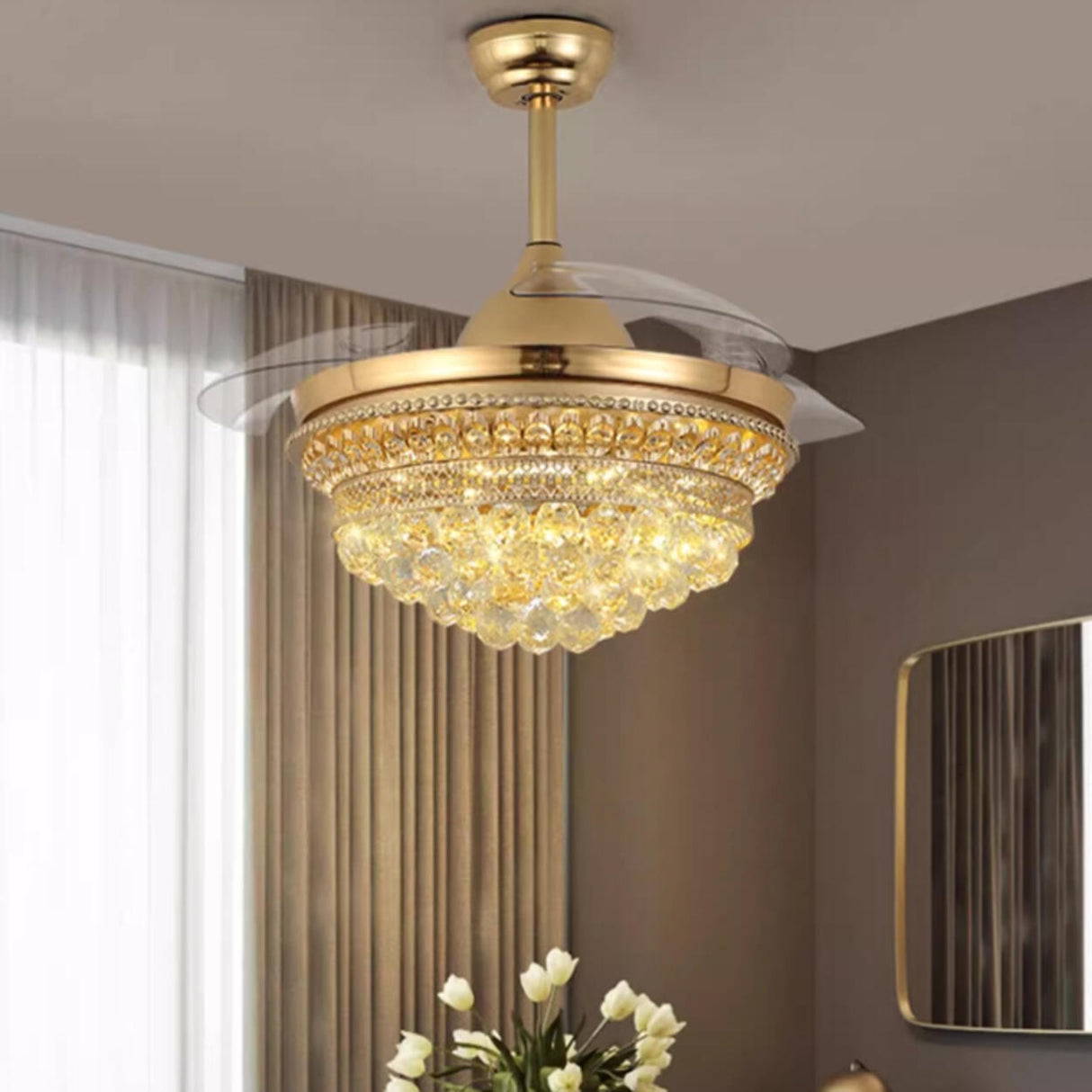 Luxury Gold Crystal Bowl Ceiling Fan with LED Light Image - 5