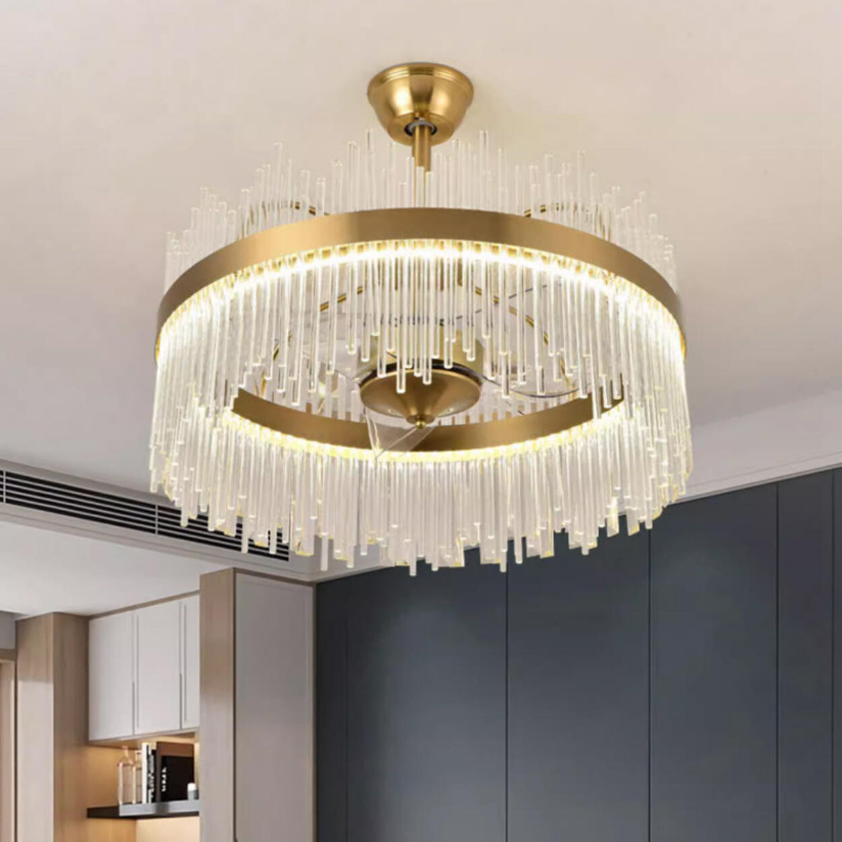 Luxury Gold Crystal Drop Round Ceiling Fan with Light Image - 1