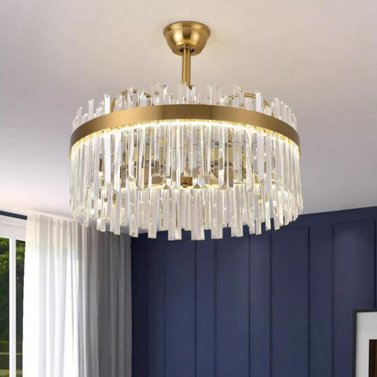 Luxury Gold Crystal Drop Round Ceiling Fan with Light Image - 2