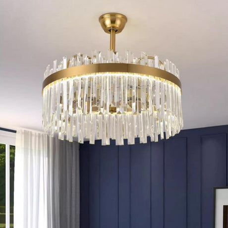 Luxury Gold Crystal Drop Round Ceiling Fan with Light Image - 2