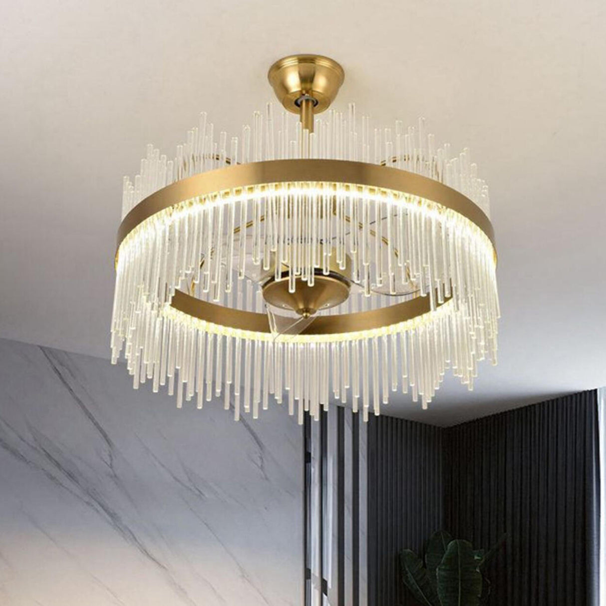 Luxury Gold Crystal Drop Round Ceiling Fan with Light Image - 4