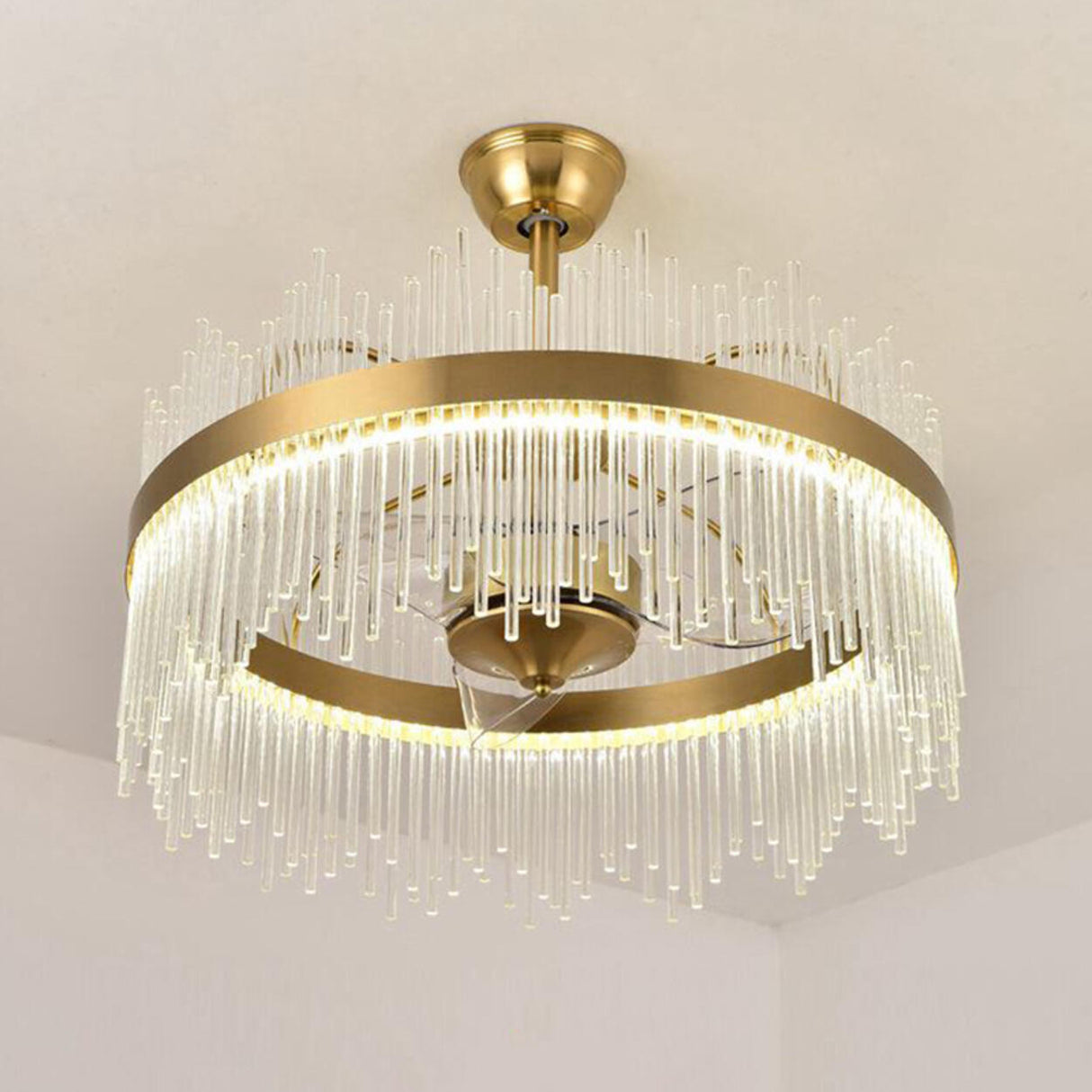 Luxury Gold Crystal Drop Round Ceiling Fan with Light Image - 7