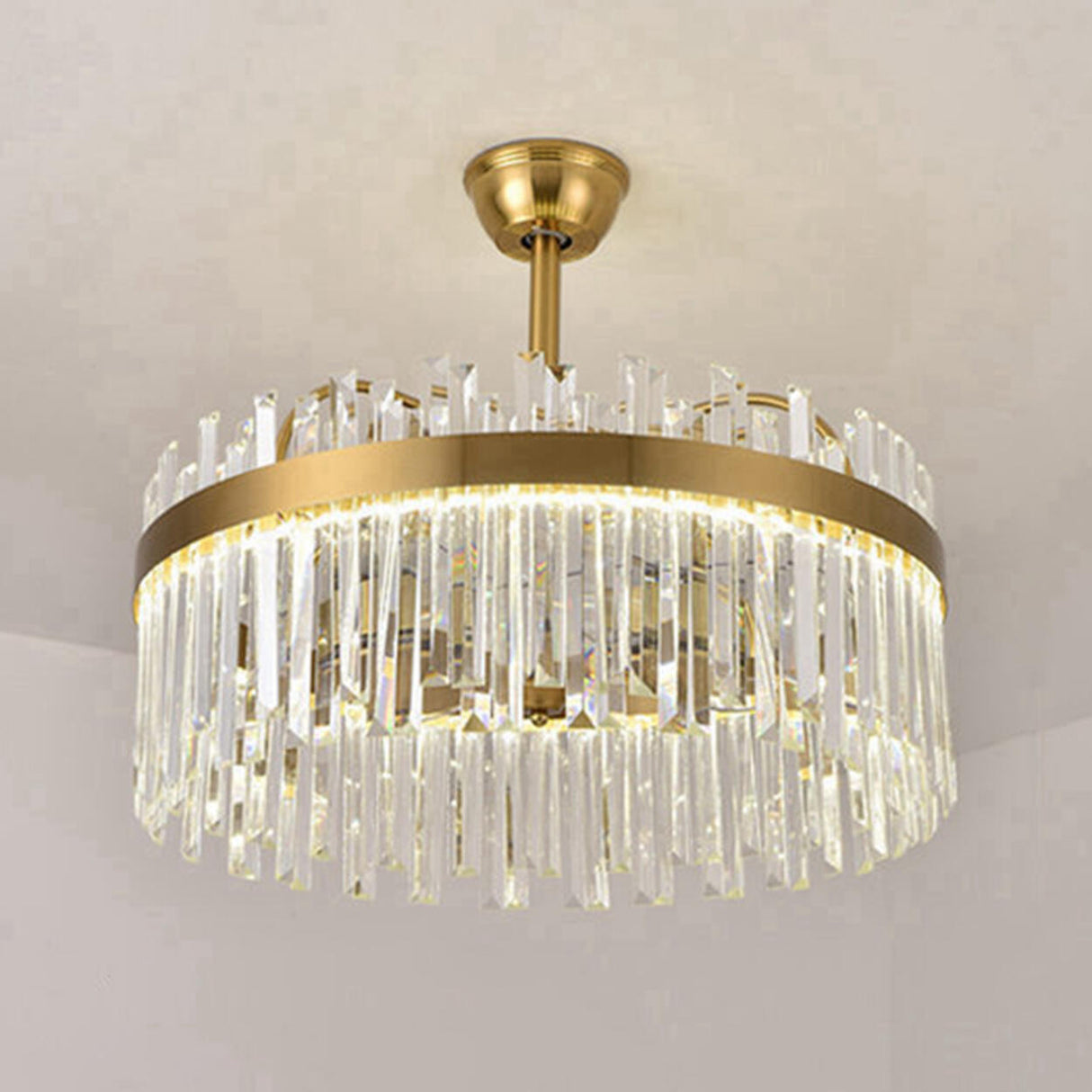 Luxury Gold Crystal Drop Round Ceiling Fan with Light Image - 9