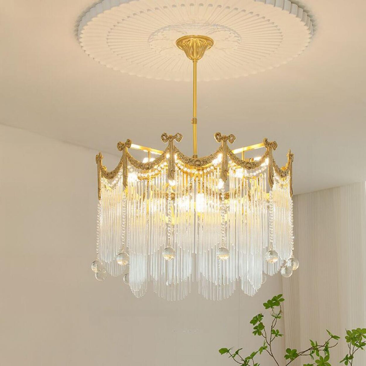 Luxury Gold Crystal Fringe Transparent Glass Chandelier  Image - 2