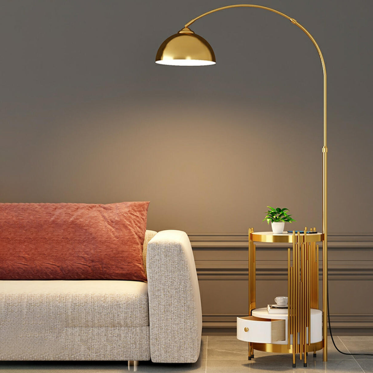 Luxury Gold Dome Modern Arced Side Table Floor Light Image - 1