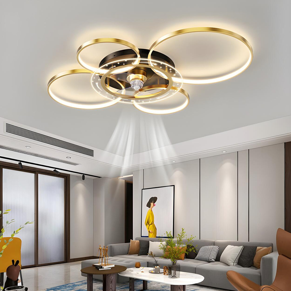 Luxury Gold Multi-Ring Metal Ceiling Fan with Lights Image - 1