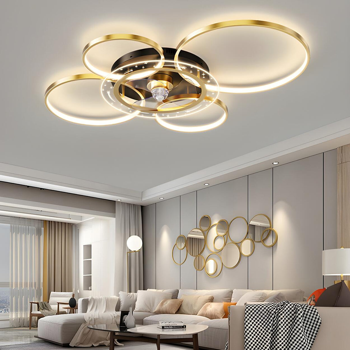 Luxury Gold Multi-Ring Metal Ceiling Fan with Lights Image - 10