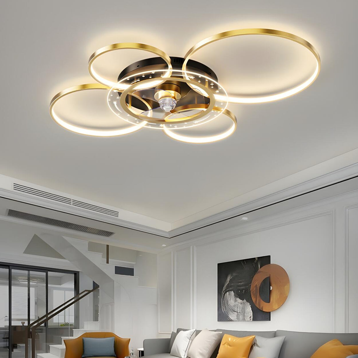 Luxury Gold Multi-Ring Metal Ceiling Fan with Lights Image - 3