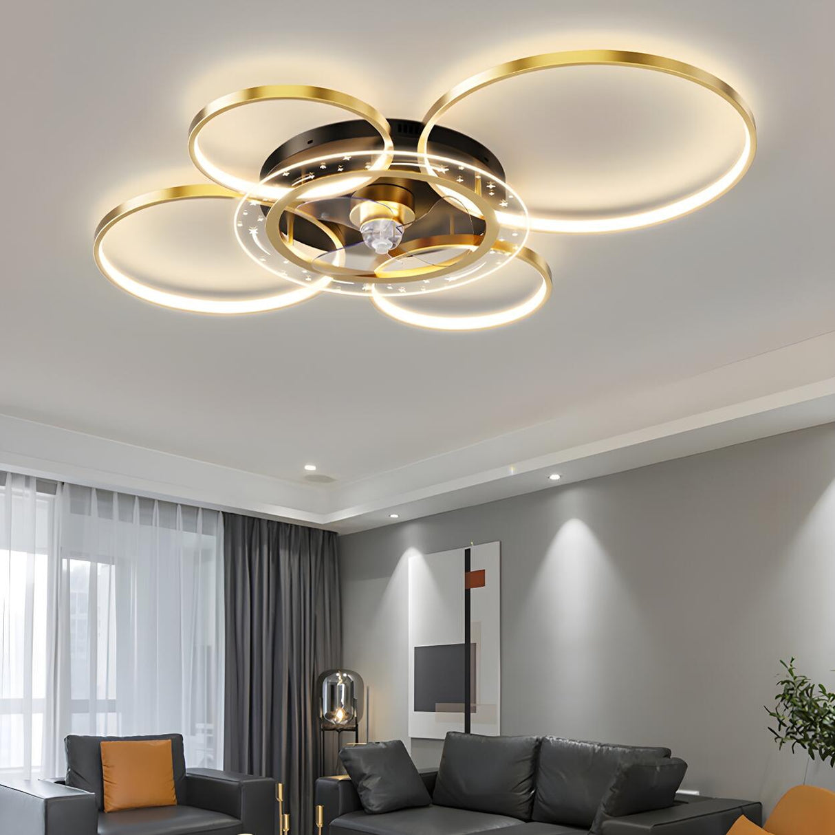 Luxury Gold Multi-Ring Metal Ceiling Fan with Lights Image - 5