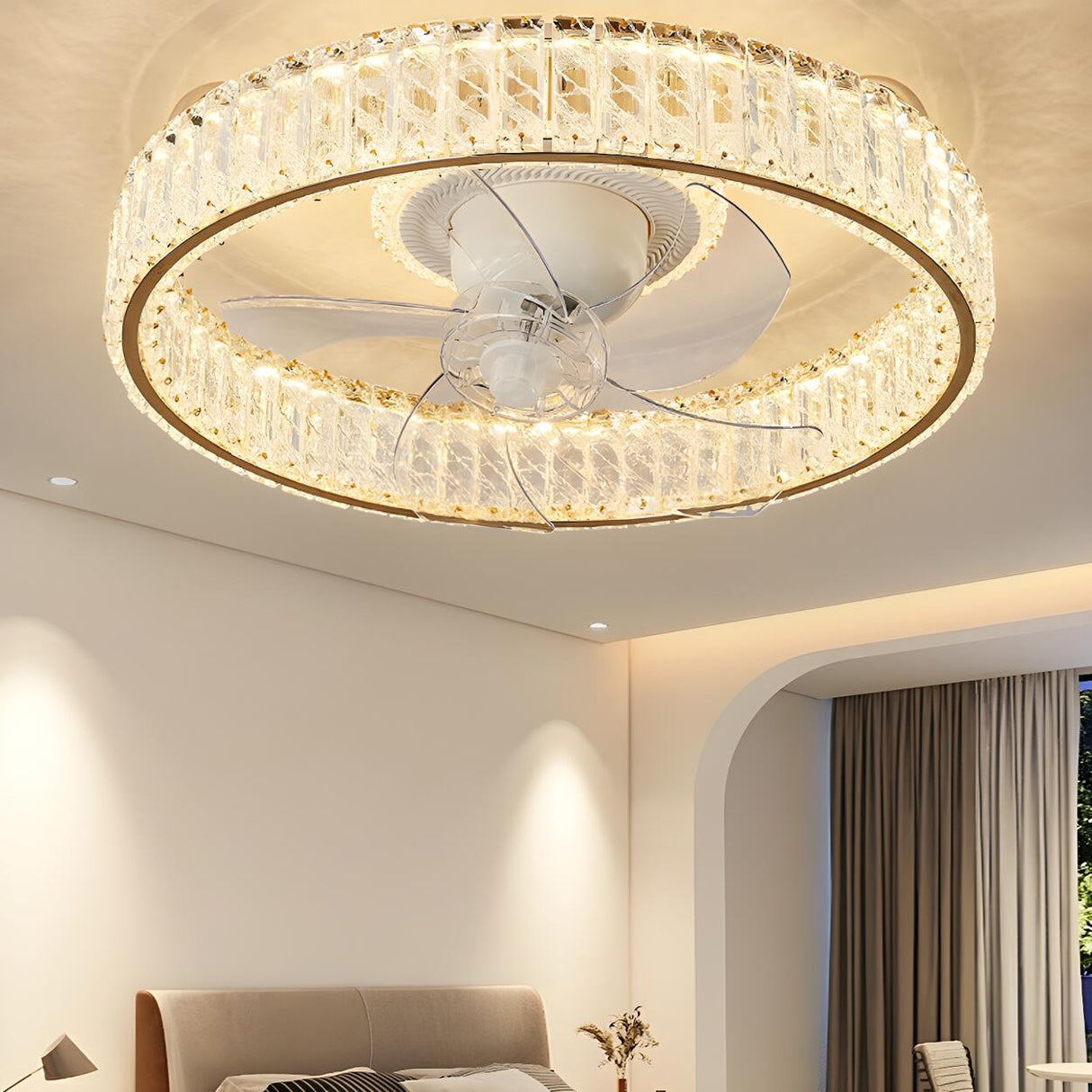 Luxury Gold Round Crystal Ceiling Fan with LED Light Image - 13