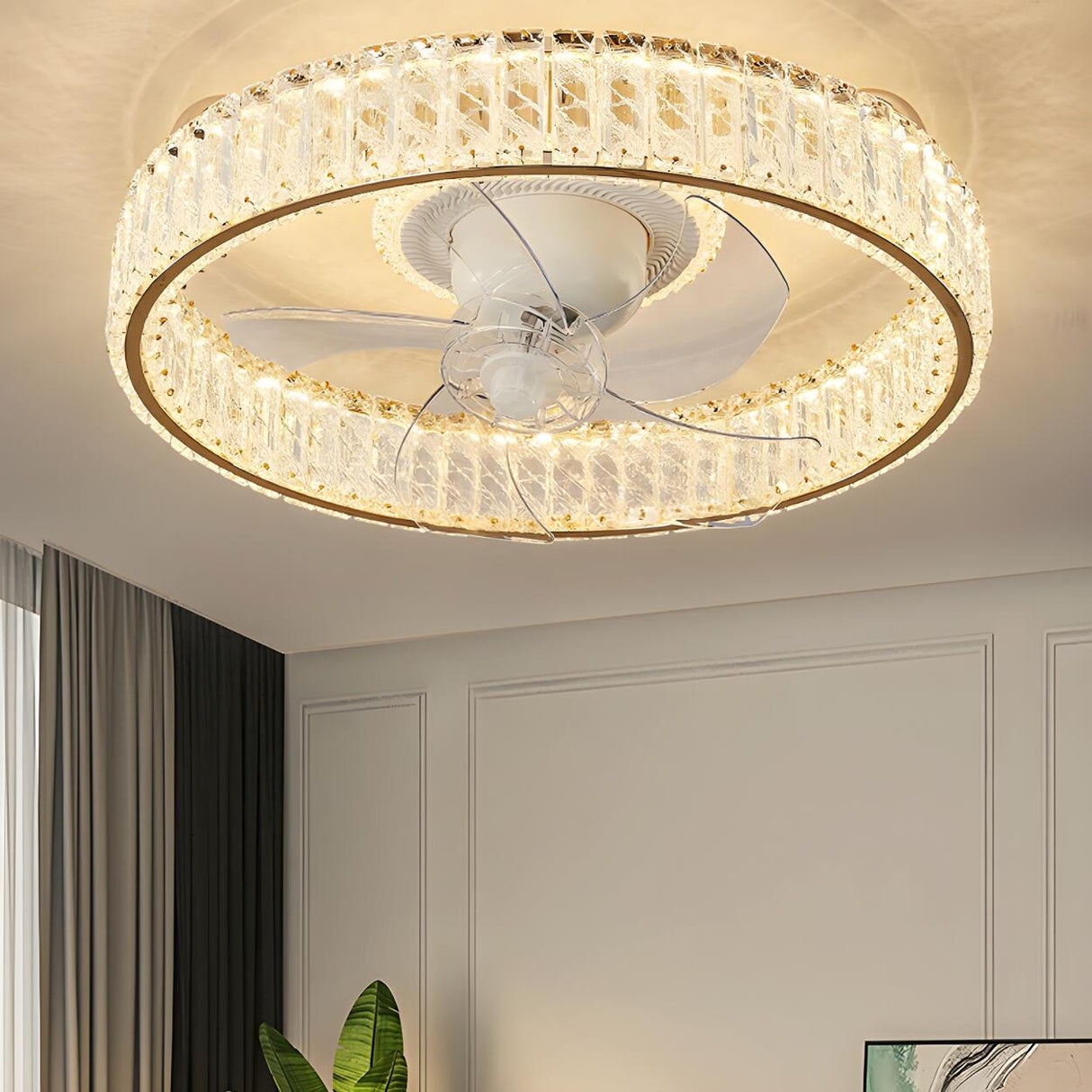 Luxury Gold Round Crystal Ceiling Fan with LED Light Image - 4