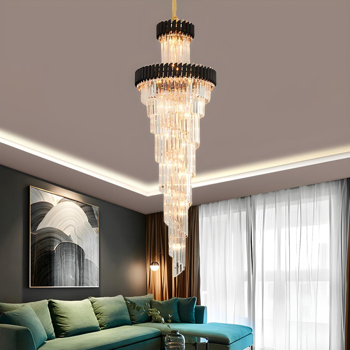 Luxury Gold Spiral Tiered Crystal Prism Chandelier Image - 5