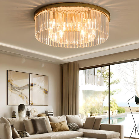 Luxury Gold Two-layer Crystal Strip Flush Mount Light Image - 2