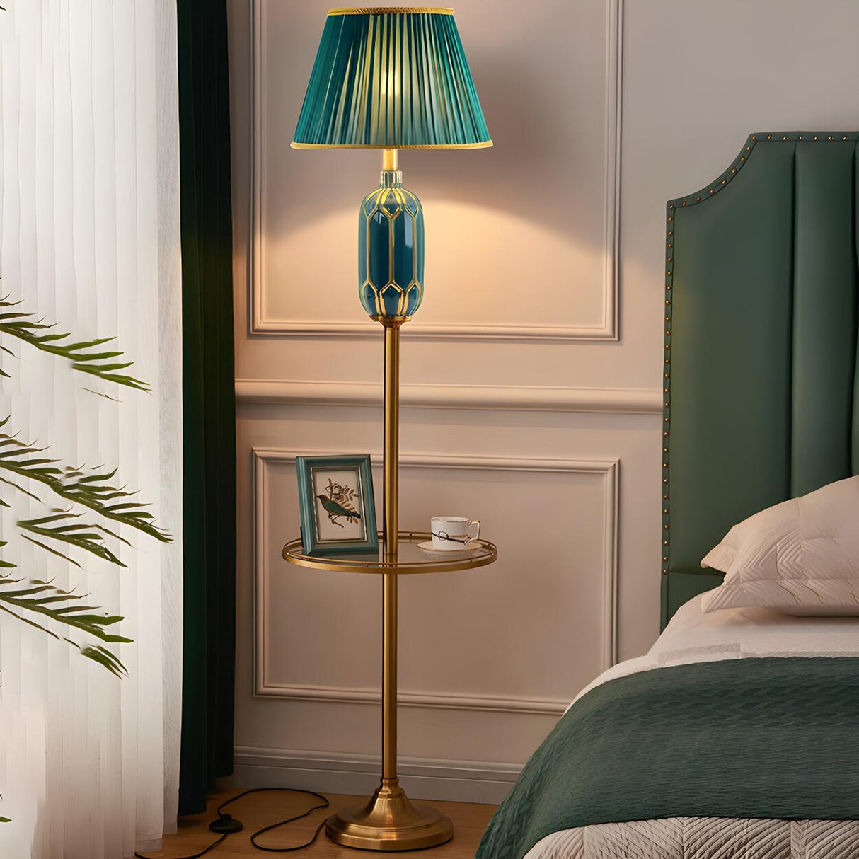 Luxury Green Pleated Bedside Floor Lamp with Shelf Image - 1