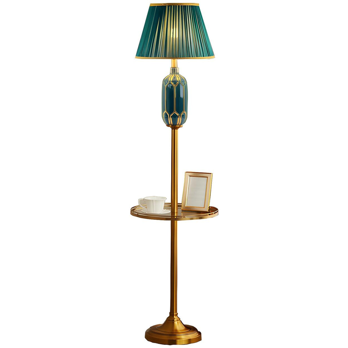 Luxury Green Pleated Bedside Floor Lamp with Shelf Image - 10