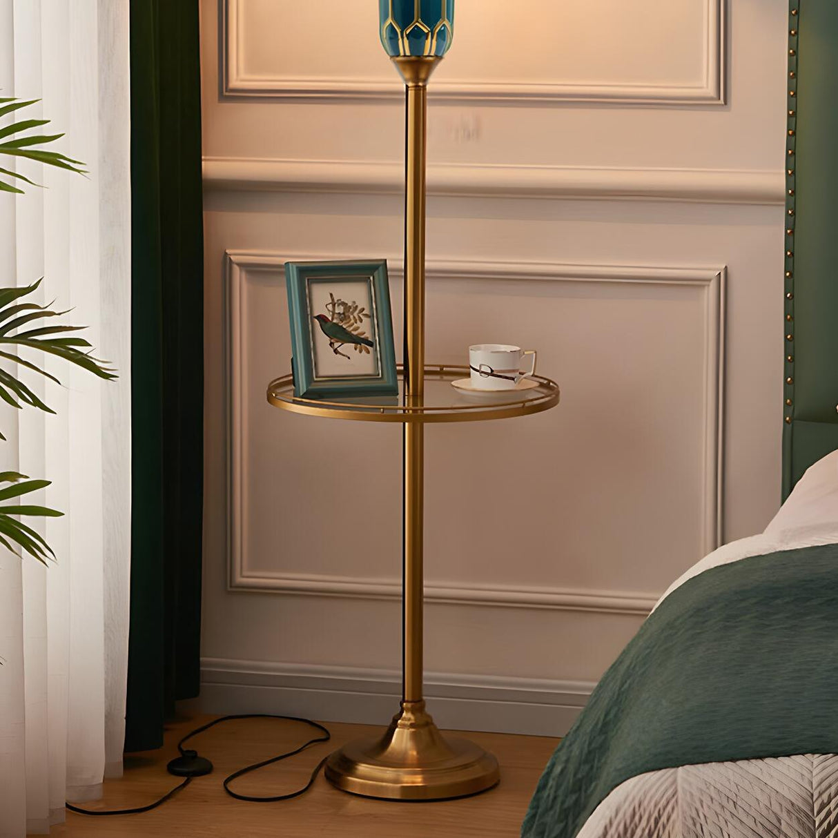 Luxury Green Pleated Bedside Floor Lamp with Shelf Image - 12