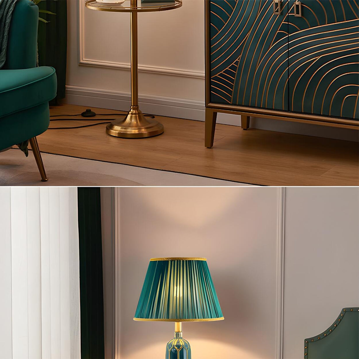 Luxury Green Pleated Bedside Floor Lamp with Shelf Image - 15