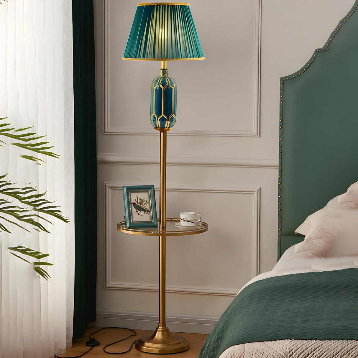 Luxury Green Pleated Bedside Floor Lamp with Shelf Image - 4