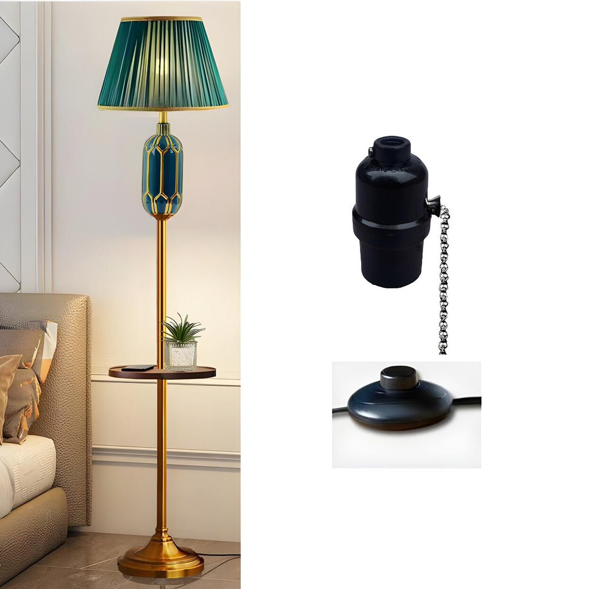 Luxury Green Pleated Bedside Floor Lamp with Shelf Image - 5