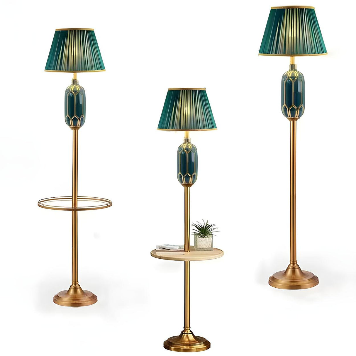 Luxury Green Pleated Bedside Floor Lamp with Shelf Image - 8