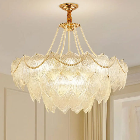 Tiered Luxury Leaf Golden Glass Chandelier Adjustable Length Image - 1