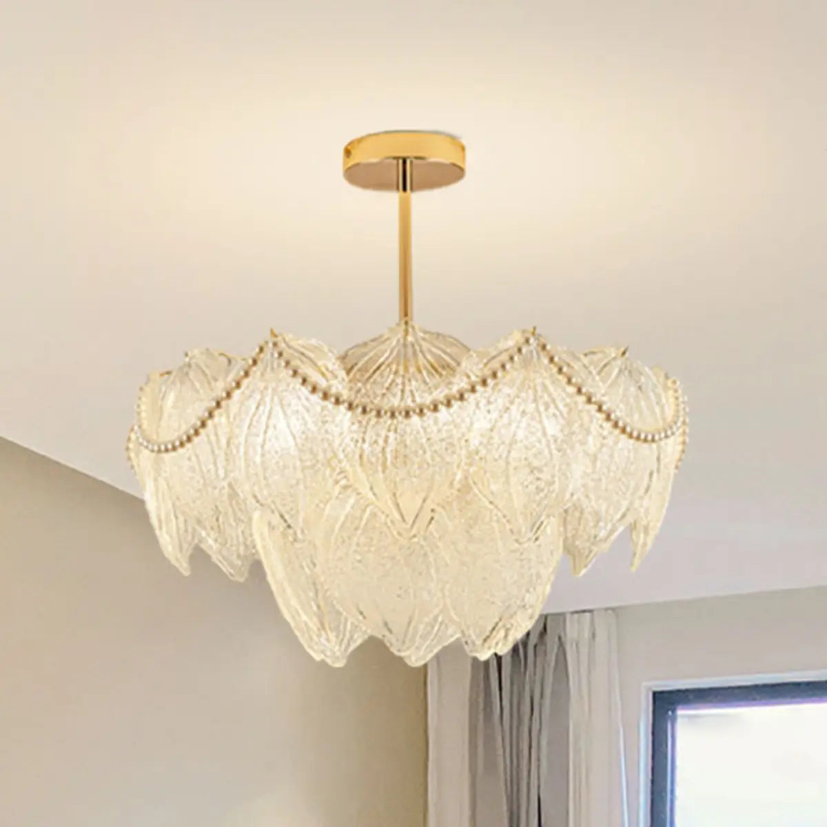 Tiered Luxury Leaf Golden Glass Chandelier Adjustable Length Image - 11