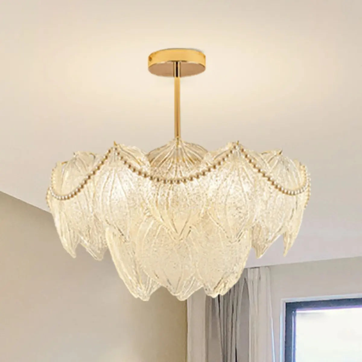 Tiered Luxury Leaf Golden Glass Chandelier Adjustable Length Image - 12