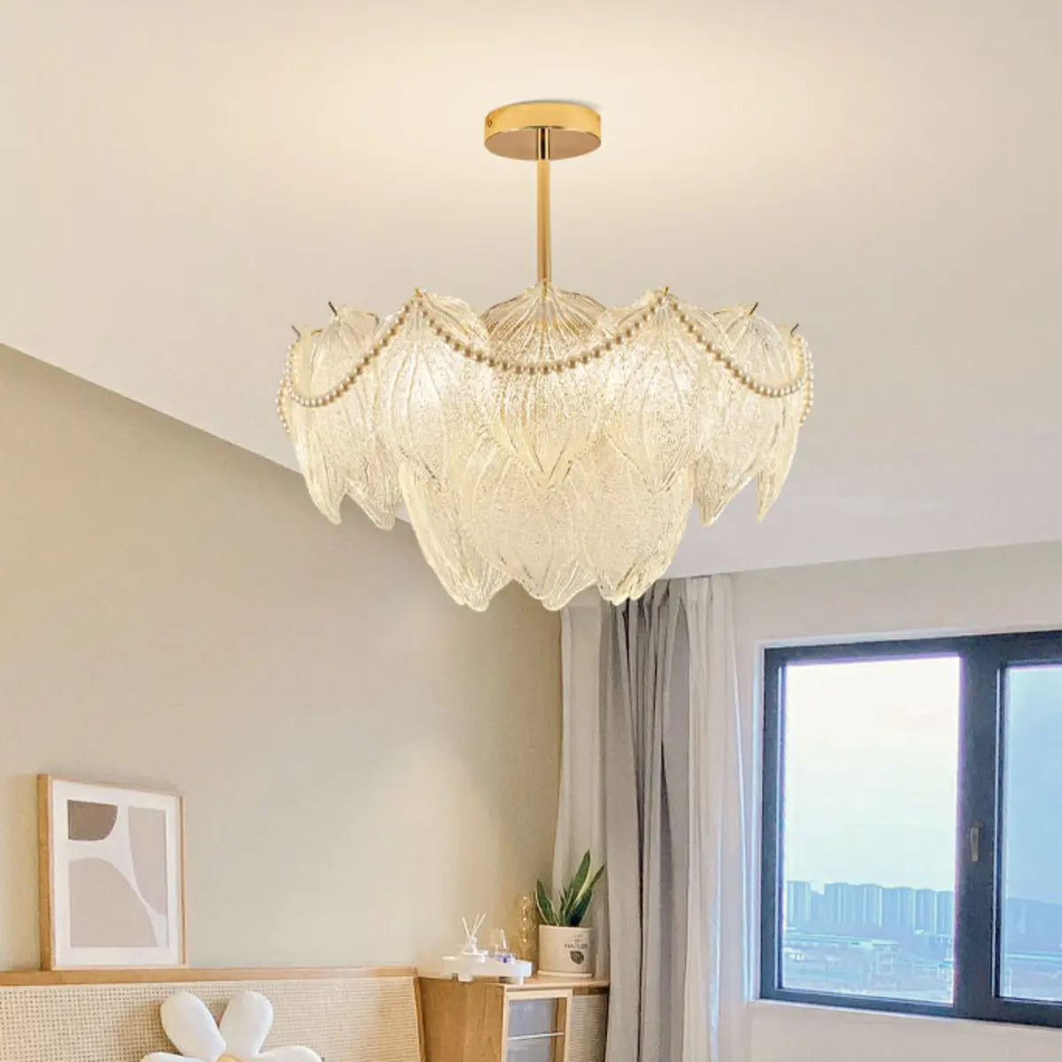 Tiered Luxury Leaf Golden Glass Chandelier Adjustable Length Image - 18