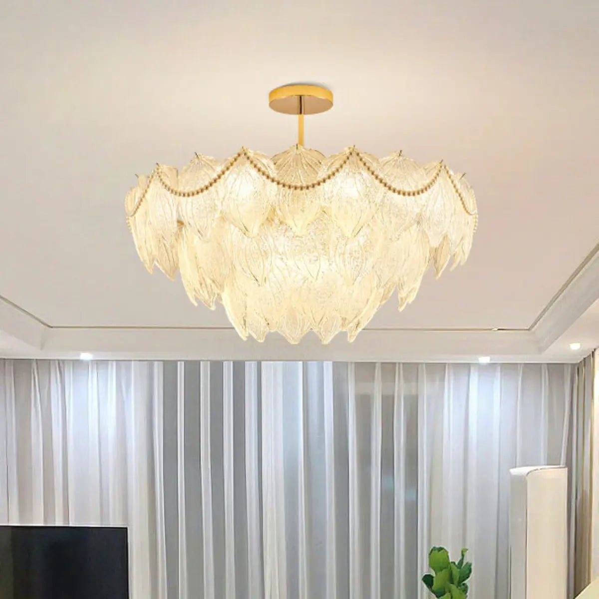 Tiered Luxury Leaf Golden Glass Chandelier Adjustable Length Image - 4