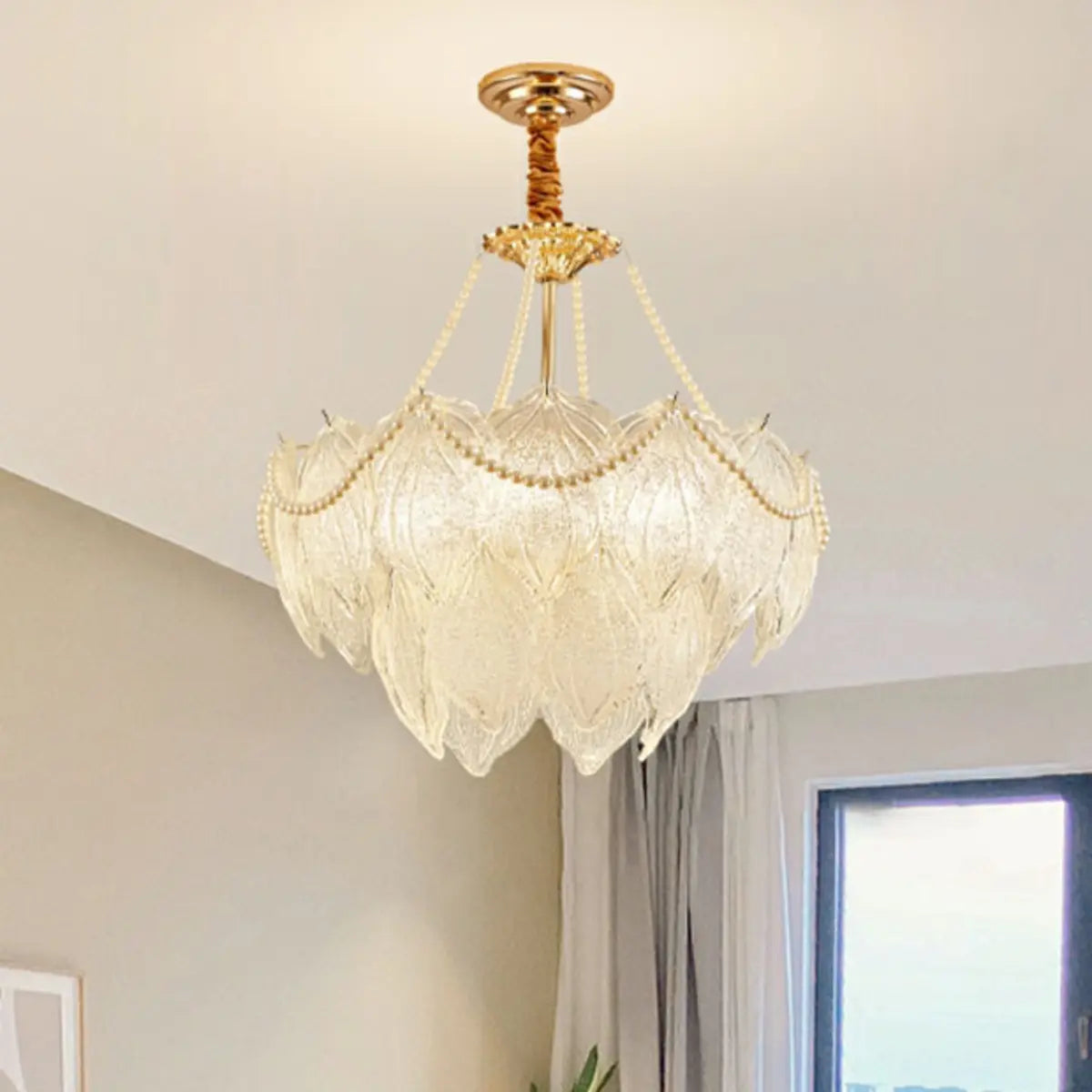 Tiered Luxury Leaf Golden Glass Chandelier Adjustable Length Image - 6