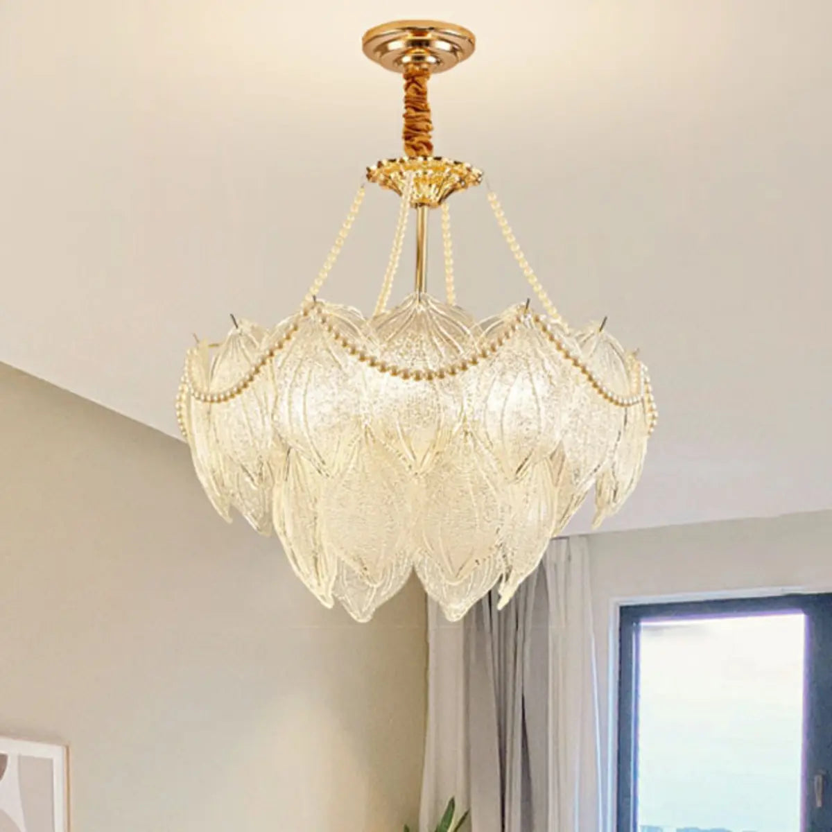 Tiered Luxury Leaf Golden Glass Chandelier Adjustable Length Image - 7