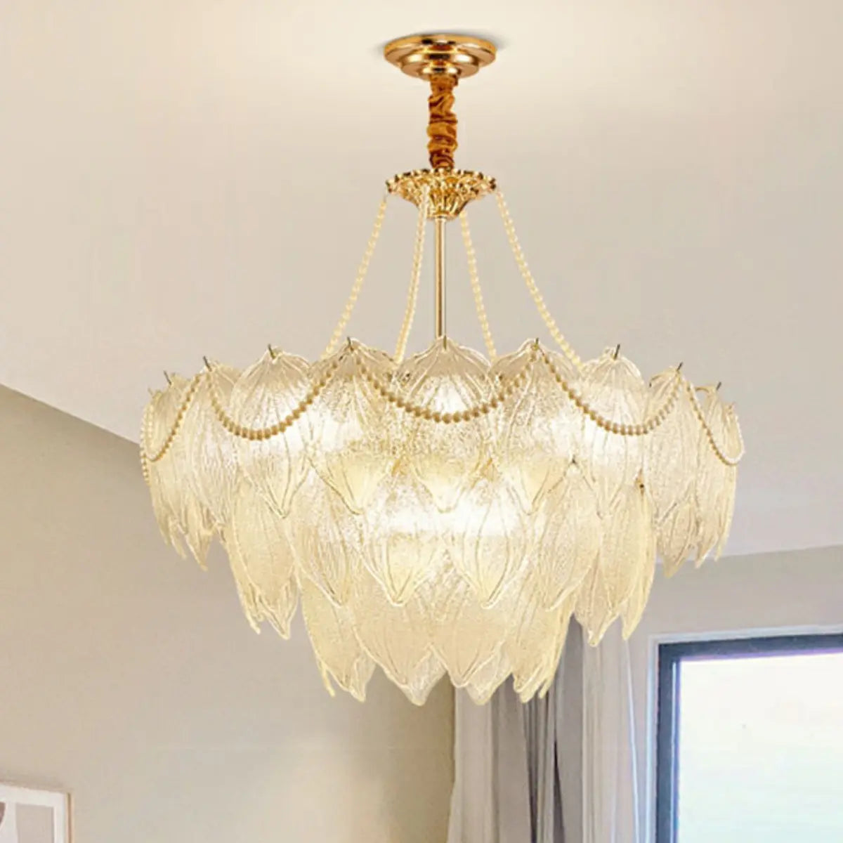 Tiered Luxury Leaf Golden Glass Chandelier Adjustable Length Image - 8