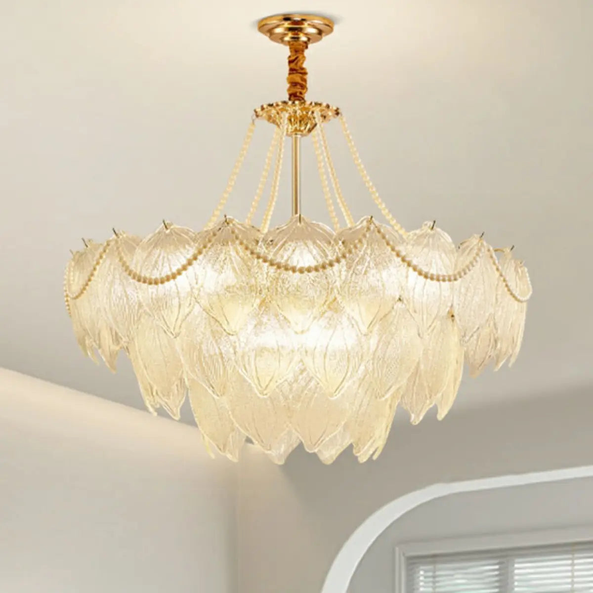 Tiered Luxury Leaf Golden Glass Chandelier Adjustable Length Image - 9