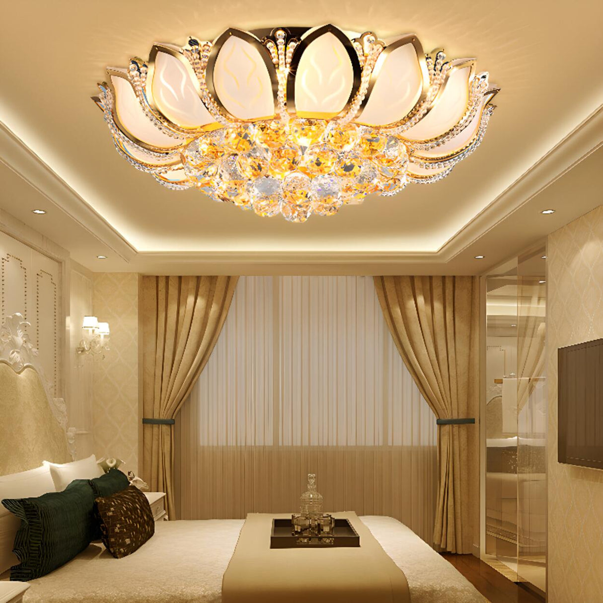 Luxury Lotus Gold Crystal Flush Mount Light Bedroom Image - 2