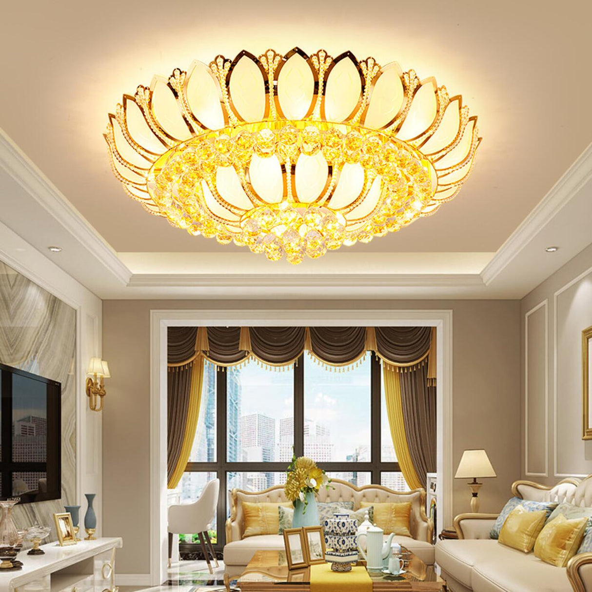 Luxury Lotus Gold Crystal Flush Mount Light Bedroom Image - 4