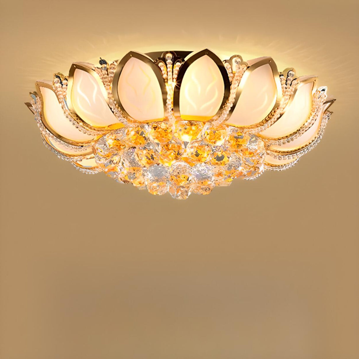 Luxury Lotus Gold Crystal Flush Mount Light Bedroom Image - 5