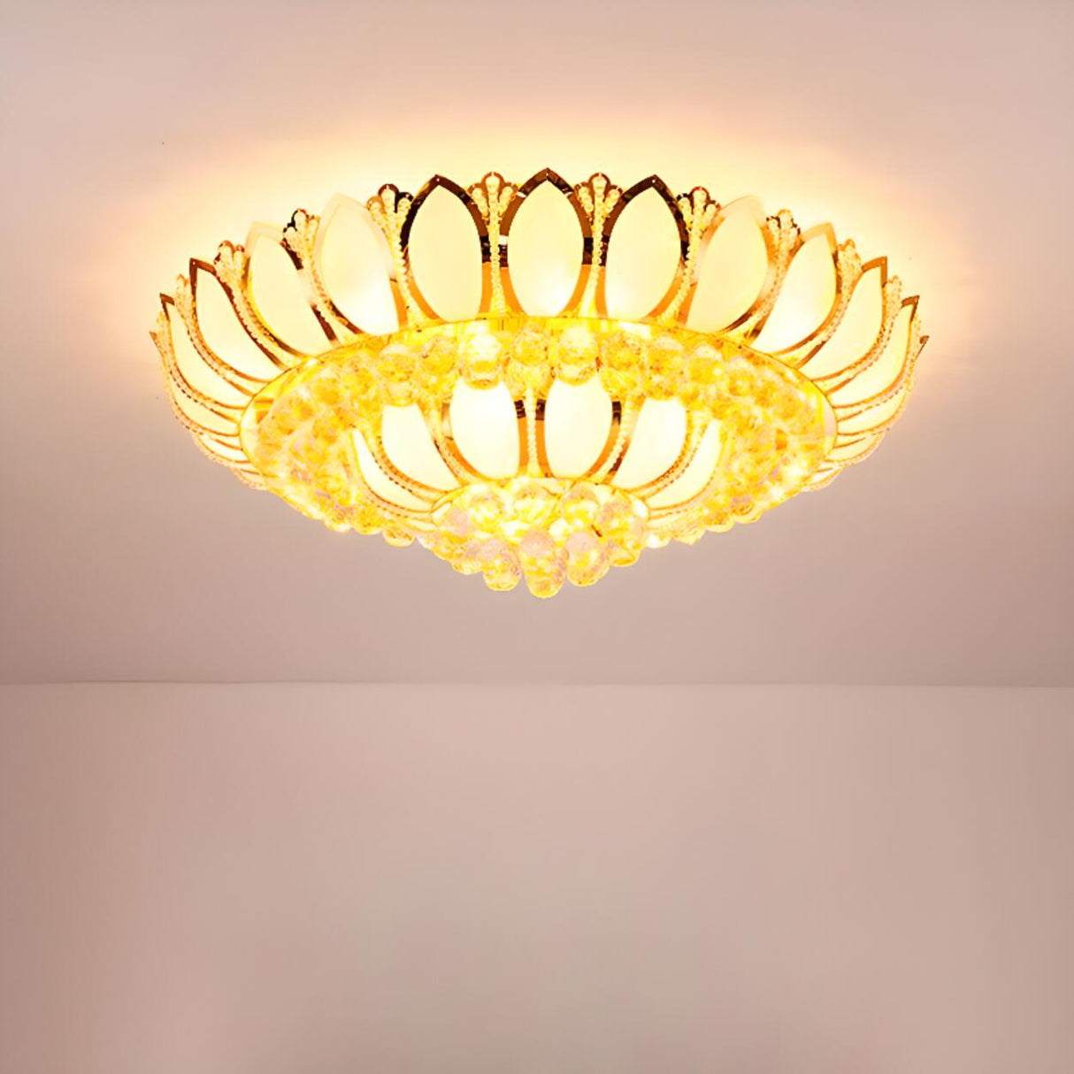 Luxury Lotus Gold Crystal Flush Mount Light Bedroom Image - 8