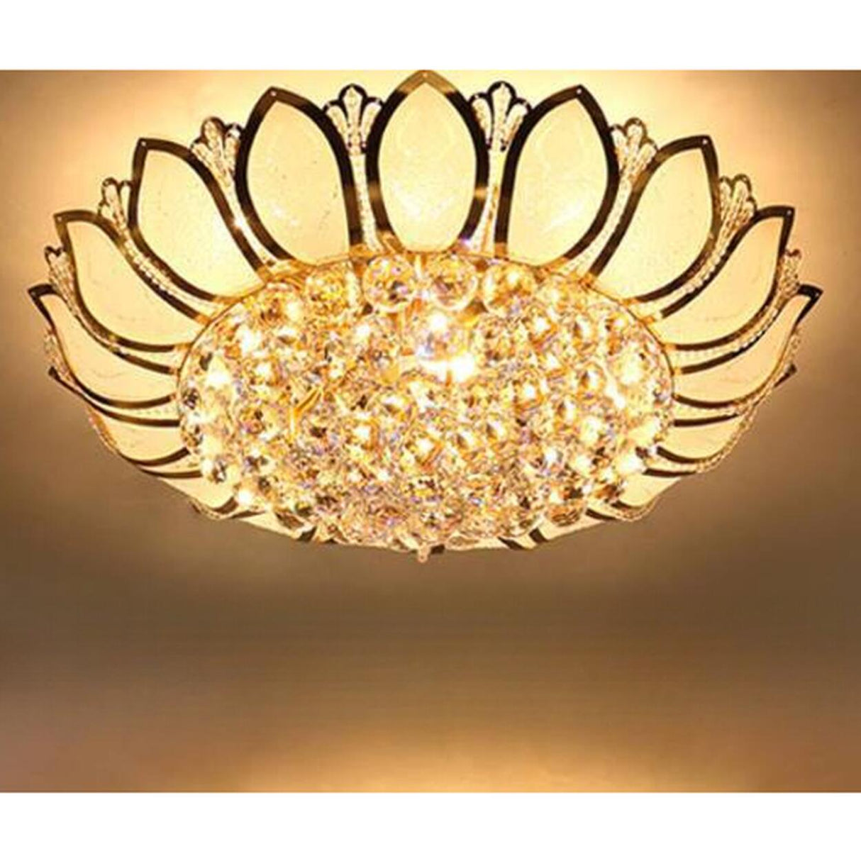 Luxury Lotus Gold Crystal Flush Mount Light Bedroom Image - 9