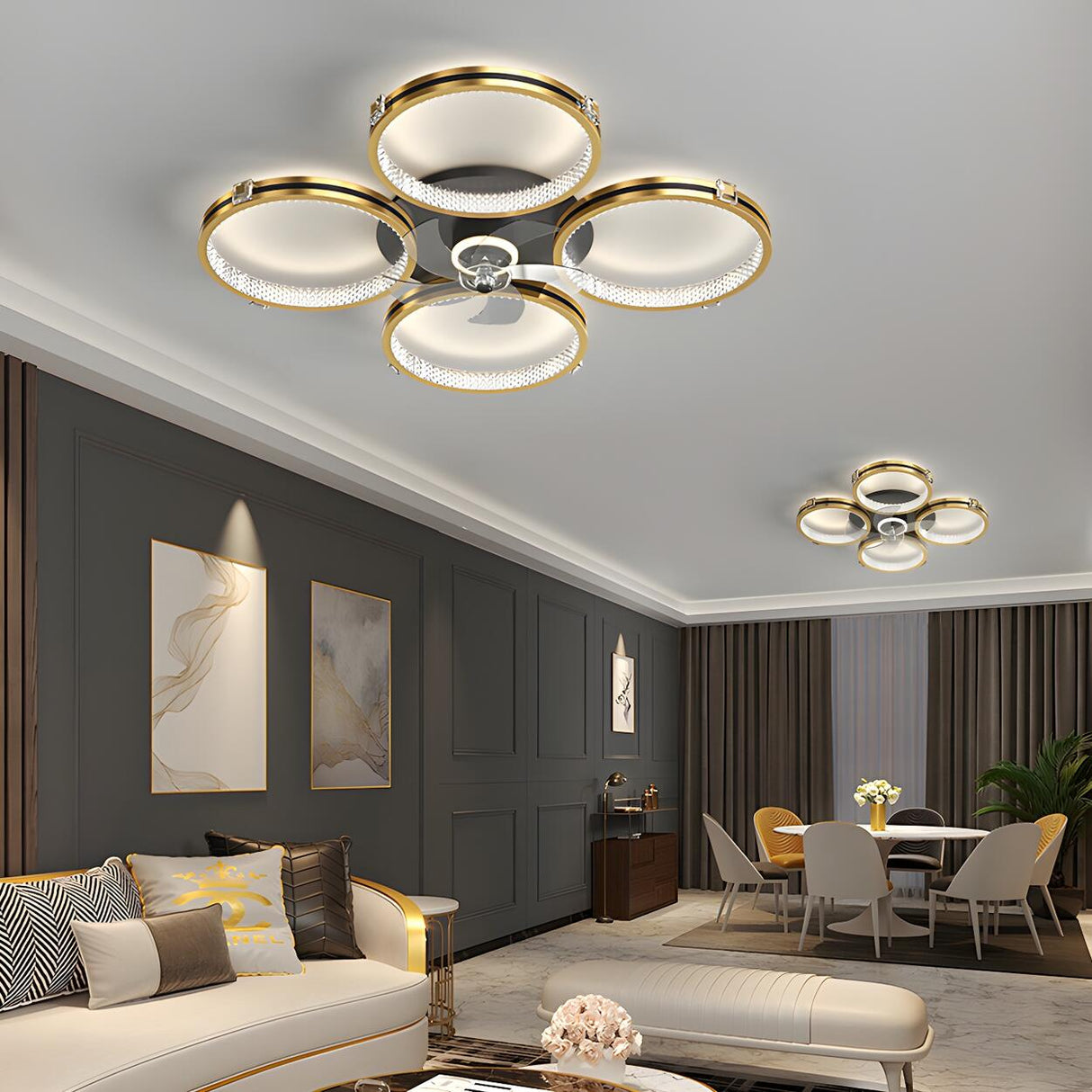 Luxury Multi Ring Gold Finish Ceiling Fan with Light Image - 14