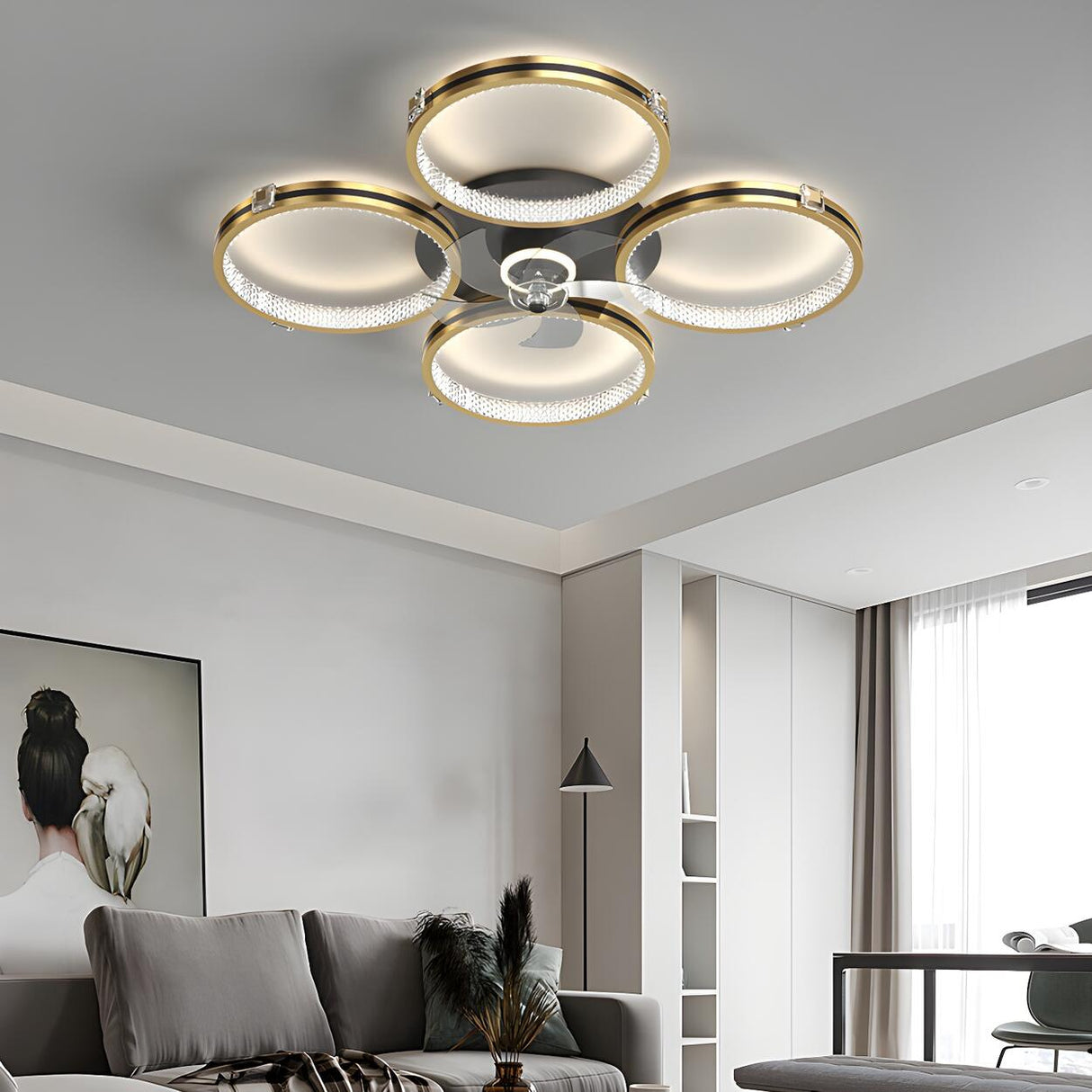 Luxury Multi Ring Gold Finish Ceiling Fan with Light Image - 2