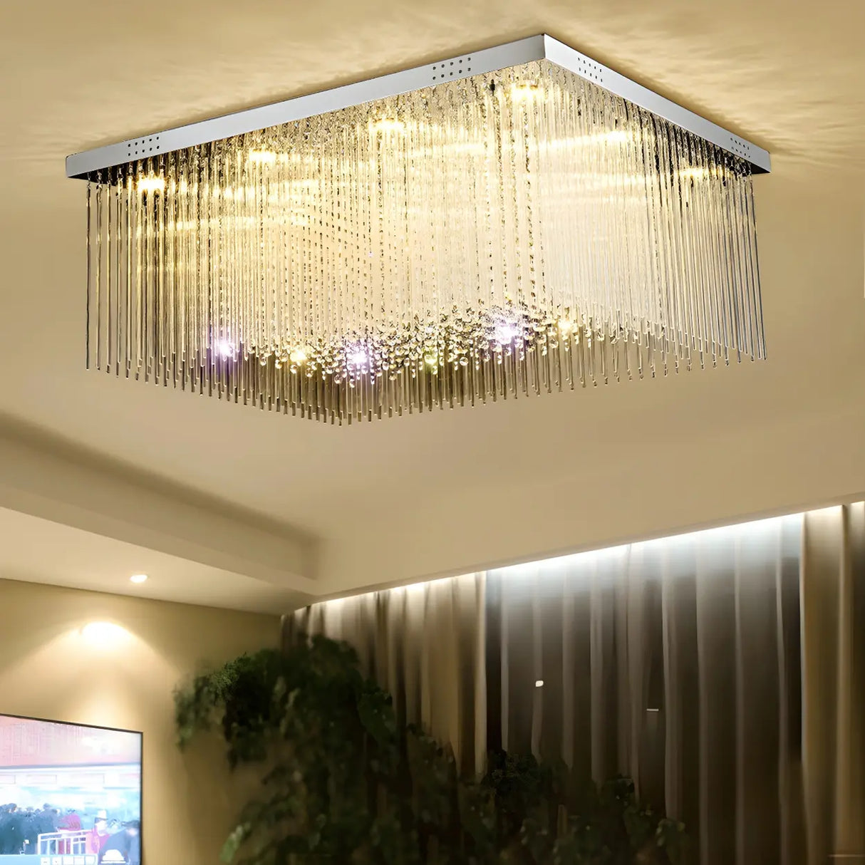 Luxury Rectangle Crystal Cascade LED Flush Mount Light Image - 14