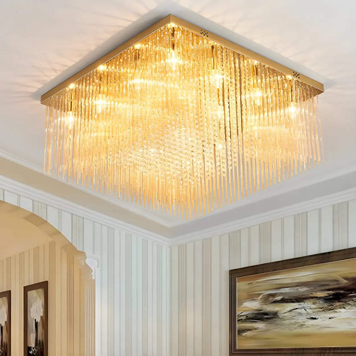 Luxury Rectangle Crystal Cascade LED Flush Mount Light Image - 15