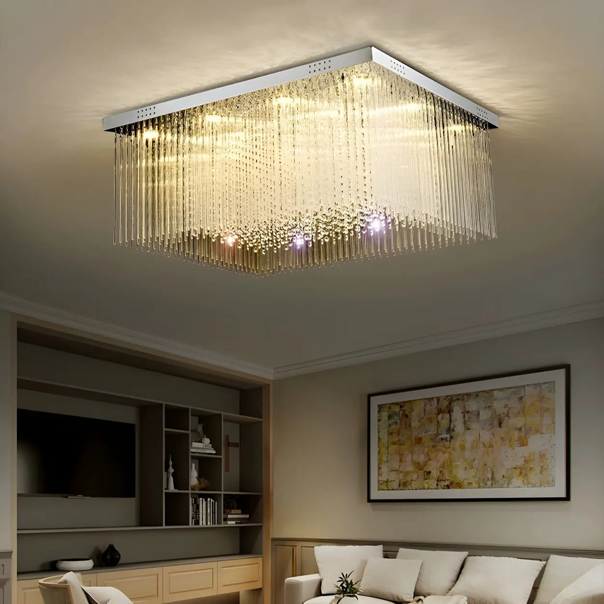 Luxury Rectangle Crystal Cascade LED Flush Mount Light Image - 3