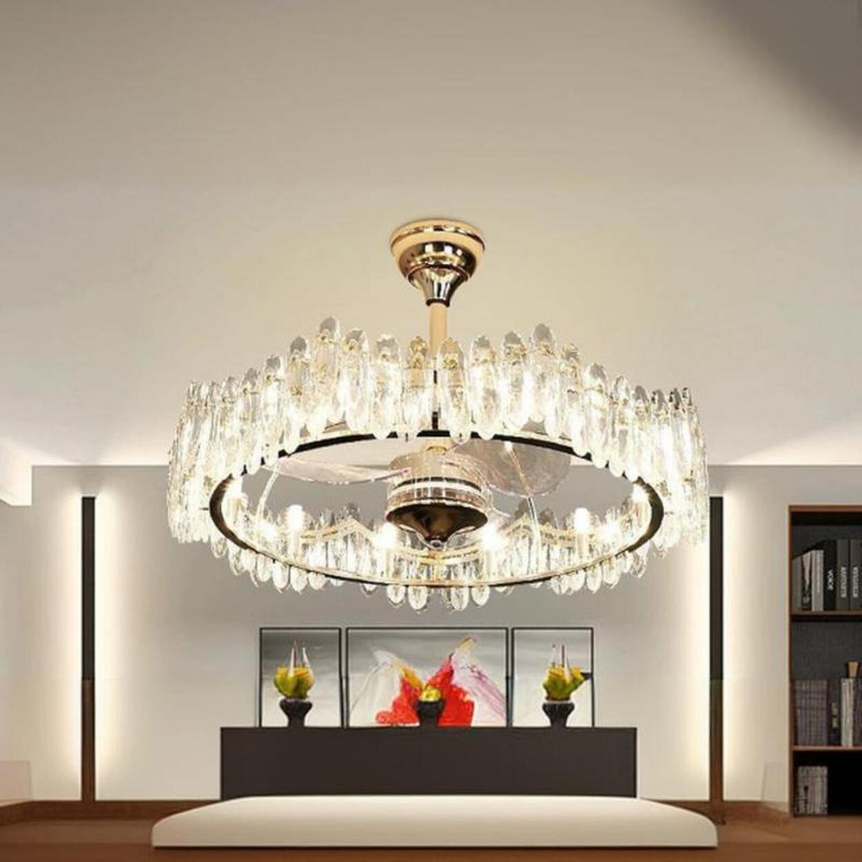 Luxury Ring Retractable Blade Crystal Ceiling Fan Light Image - 1