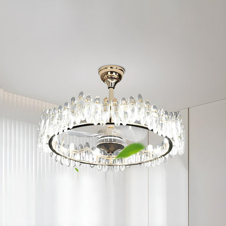 Luxury Ring Retractable Blade Crystal Ceiling Fan Light Image - 2